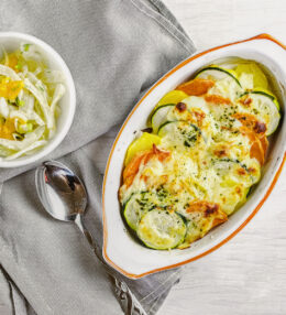 Süßkartoffel Zucchini Gratin, als Hauptgericht oder Beilage, fertig in 30 Minuten
